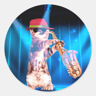 Niedliche Katze Saxophonist Runder Aufkleber