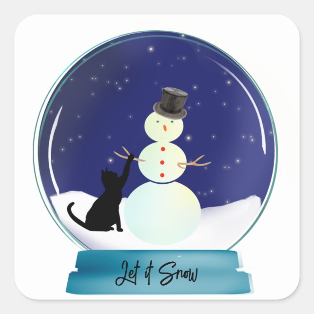 Niedliche Katze Schneemann Weihnachtsschneeglobe m Quadratischer Aufkleber (Vorderseite)