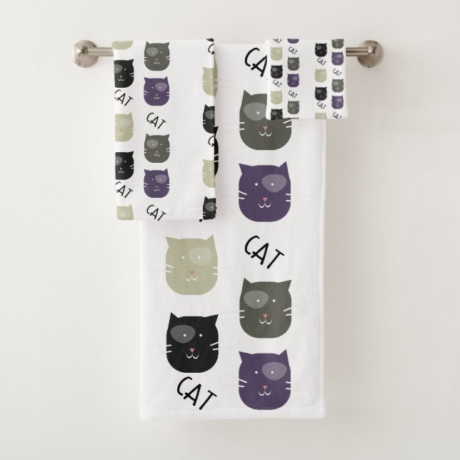 Niedliche Katze Schwarz Lila Grau Schwarz Badhandtuch Set (Insitu)