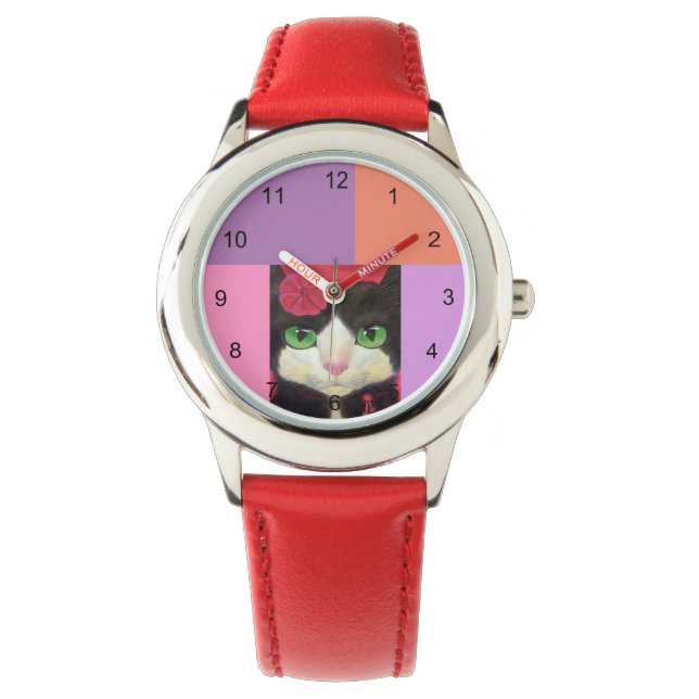 Niedliche Katze schwarz und weiß Tuxedo Illustrati Armbanduhr (Vorderseite)