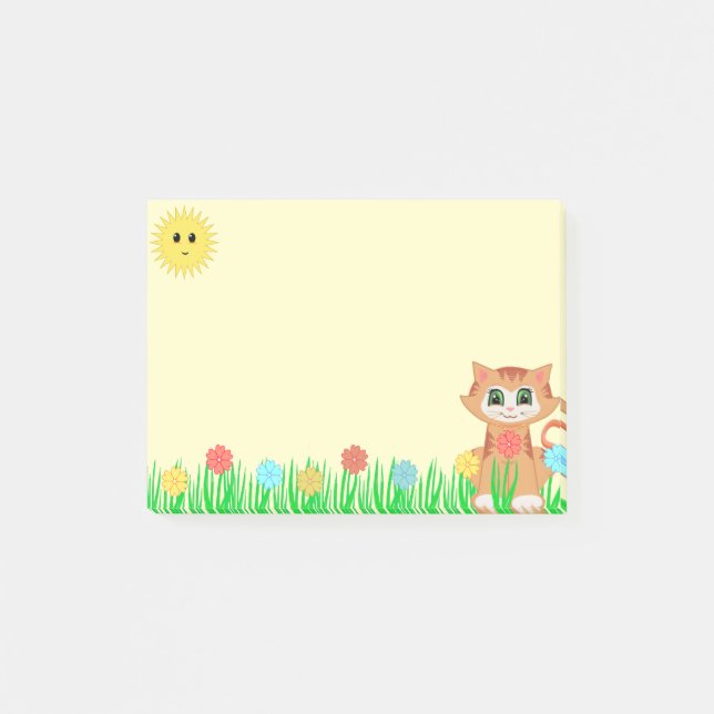 Niedliche Katze, Sonne, Blume und Gras Post-it Klebezettel (Vorderseite)