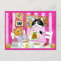 Niedliche Katze, Teddybär, Tee-Party Postkarte