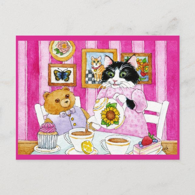 Niedliche Katze, Teddybär, Tee-Party Postkarte (Vorderseite)