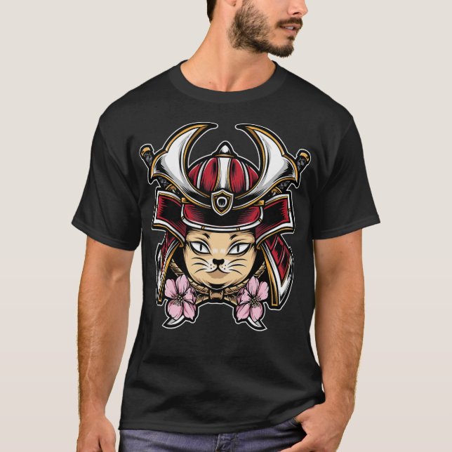 Niedliche Katze trägt Samurai Helm T-Shirt (Vorderseite)