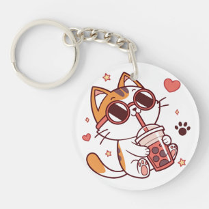 Niedliche Katze trinken Boba Tea - Kawaii Zubehör Schlüsselanhänger