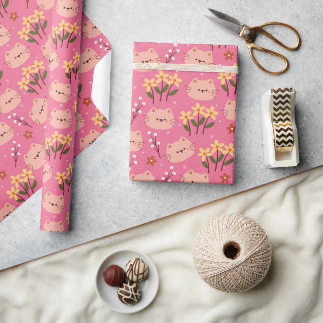 Niedliche Katze und Blume Geschenkpapier (Kunsthandwerk)