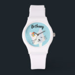 Niedliche Katze und Blume Personalisiert Armbanduhr<br><div class="desc">Sweet Smiley Katzengesicht auf pastellfarbenem,  zartem Hintergrund.</div>