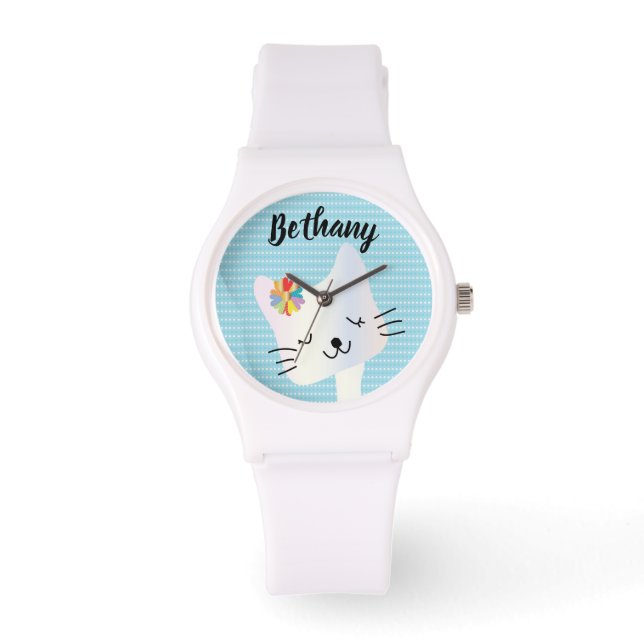 Niedliche Katze und Blume Personalisiert Armbanduhr (Vorderseite)