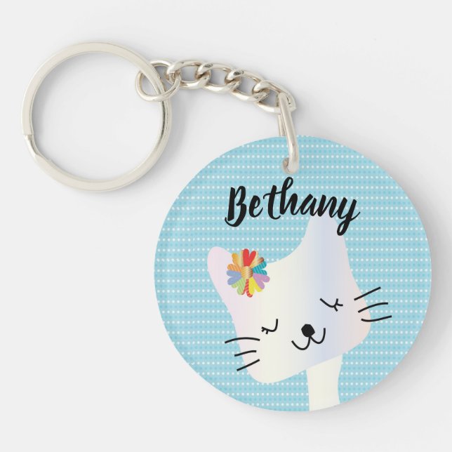 Niedliche Katze und Blume Personalisiert Schlüsselanhänger (Vorderseite)