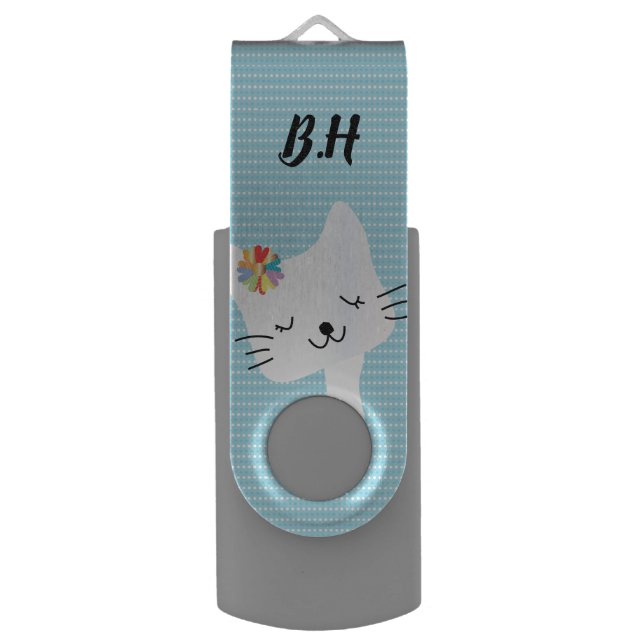 Niedliche Katze und Blumen-Dotty personalisiertes USB Stick (Vorderseite Vertikal)