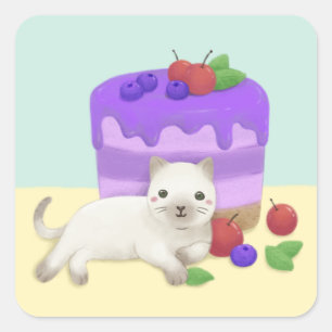Niedliche Katze und Dessert Illustration Art Quadratischer Aufkleber