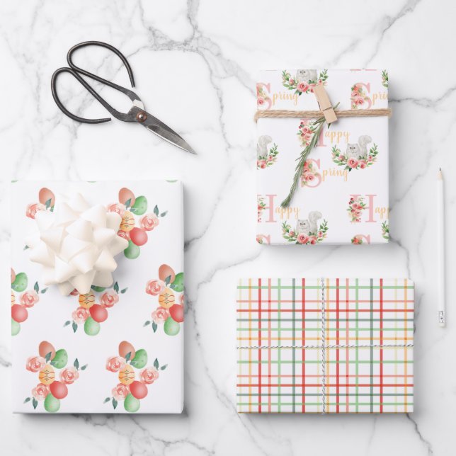 Niedliche Katze und Eier Osterfrühling Geschenkpapier Set (Vorderseite)
