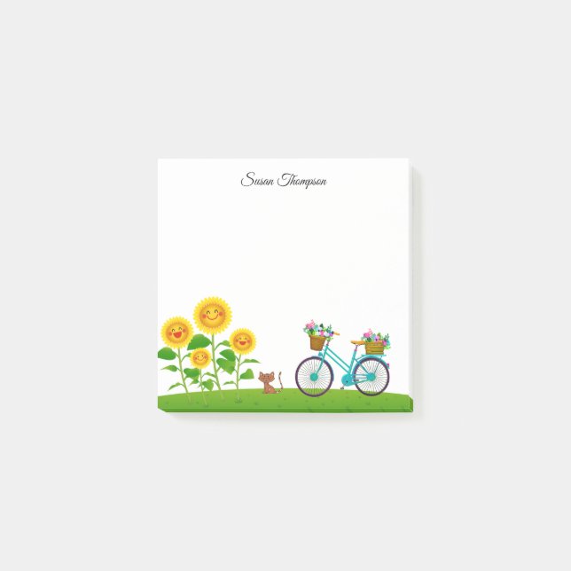 Niedliche Katze und Fahrrad mit Korb von Blume Post-it Klebezettel (Vorderseite)