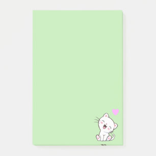 Niedliche Katze und Herz auf leicht grünen Post-it Klebezettel