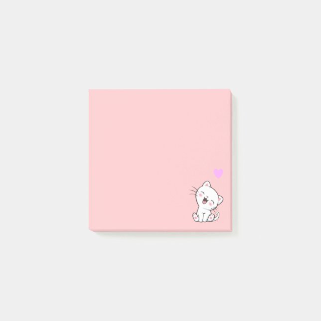 Niedliche Katze und Herz auf rosa Post-it Klebezettel (Vorderseite)
