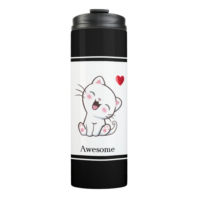Niedliche Katze und Herz Thermosbecher (Vorderseite)