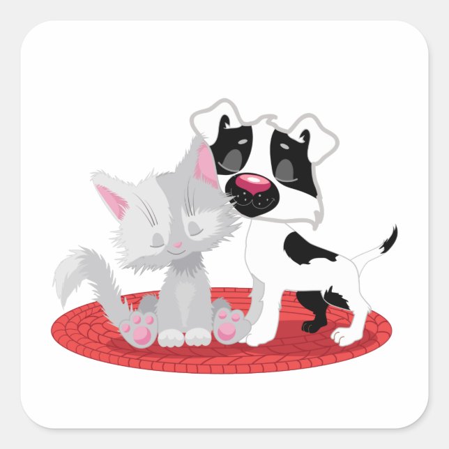 Niedliche Katze und Hund Quadratischer Aufkleber (Vorderseite)