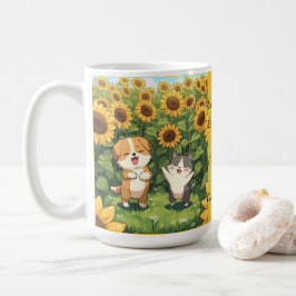 Niedliche Katze-und-Hund-Sonnenblumenfeld-Tasse Kaffeetasse