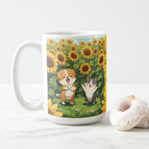Niedliche Katze-und-Hund-Sonnenblumenfeld-Tasse Kaffeetasse