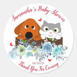 Niedliche Katze und Hunde Blüten Babydusche Runder Aufkleber