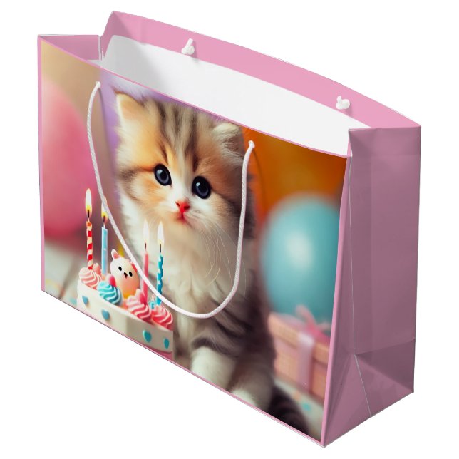 Niedliche Katze und Kuchen Große Geschenktüte (Rückseite Schrägansicht)