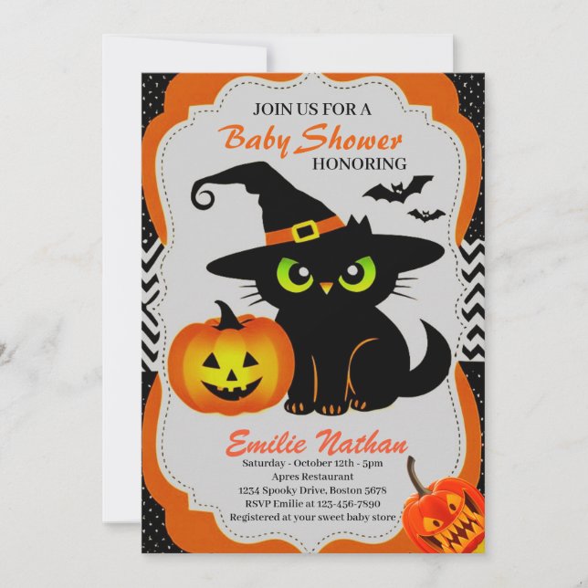 Niedliche Katze- und KürbisHalloween-Kinderdusche  Einladung (Vorderseite)