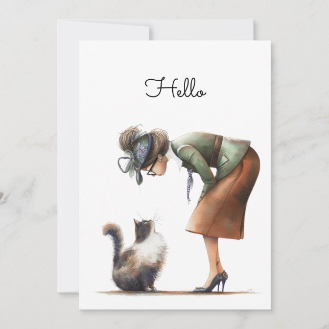 Niedliche Katze und Lady Whimsical Hallo Flat Karte (Vorderseite)
