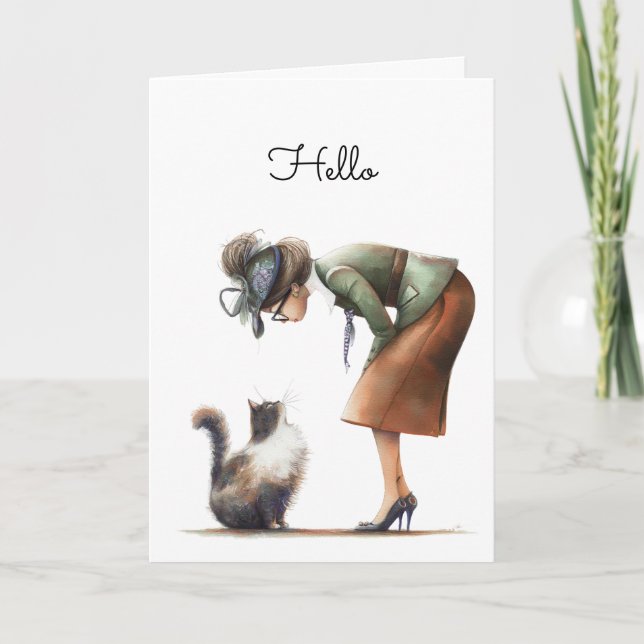 Niedliche Katze und Lady Whimsical Hallo Gruß Karte (Vorderseite)