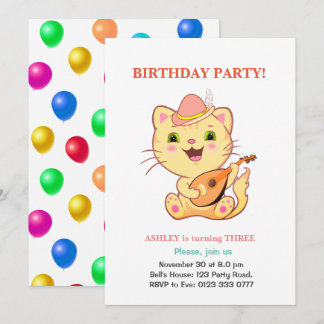 Niedliche Katze und mehrfarbige Balloons zum Gebur Einladung