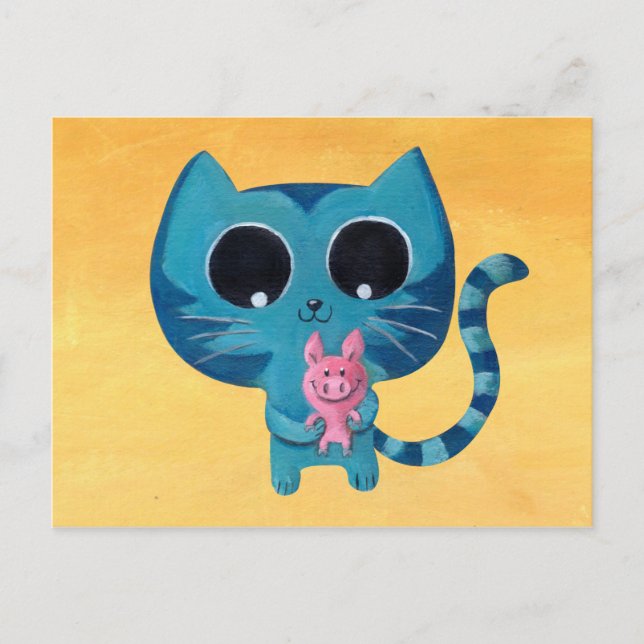 Niedliche Katze und Schwein Postkarte (Vorderseite)