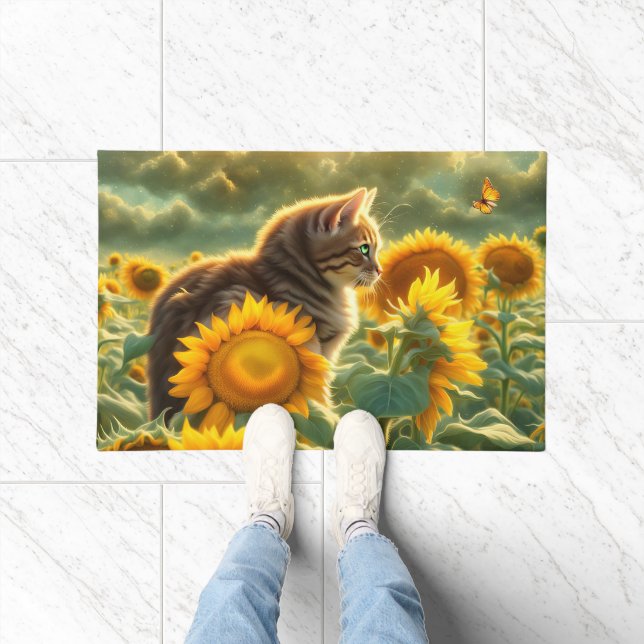 Niedliche Katze und Sonnenblumen Fußmatte (Indoor)