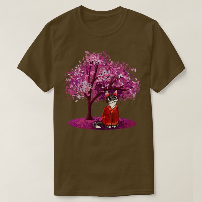Niedliche Katze unter Blossom Tree T-Shirt (Design vorne)