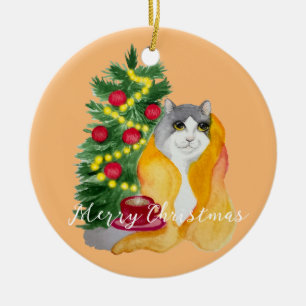 Niedliche Katze unter einer gemütlichen Decke mit Keramik Ornament