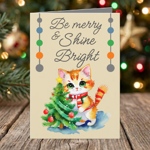 Niedliche Katze & Weihnachtsbaum seien fröhlich cr Feiertagskarte