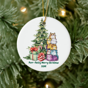 Niedliche Katze & Weihnachtsbaum, Wasserfarbe, ein Keramik Ornament