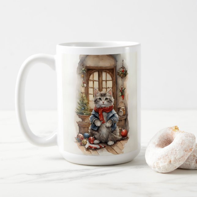 Niedliche Katze zu Weihnachtsjacken und Scarf Kaffeetasse (Mit Donut)