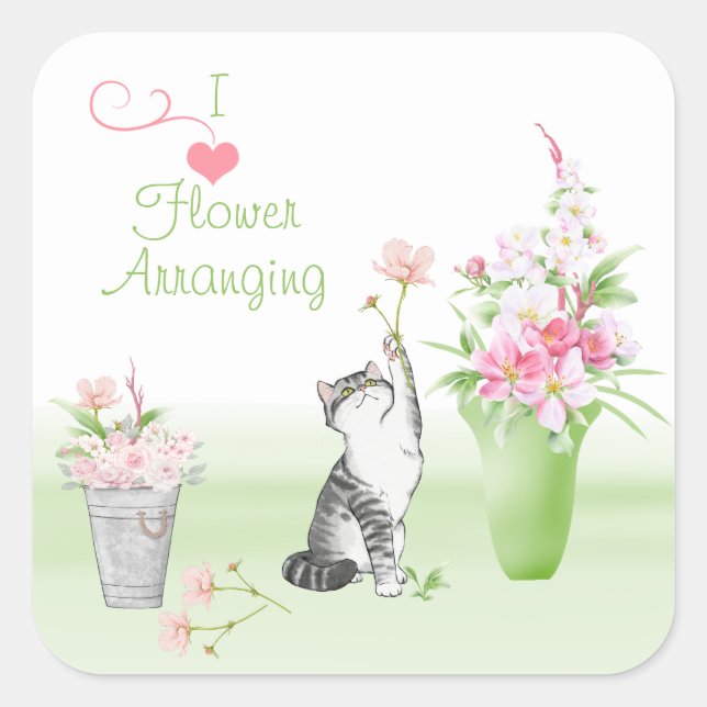 Niedliche Katzen-Artierende Blume Quadratischer Aufkleber (Vorderseite)