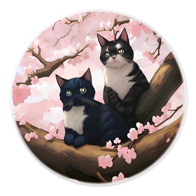 Niedliche Katzen auf einem Kirschblütenbaum Keramikknauf (Vorderseite)