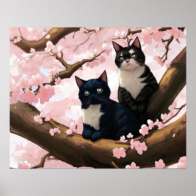Niedliche Katzen auf einem Kirschblütenbaum Poster (Vorne)