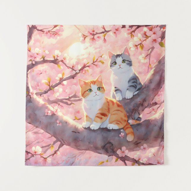 Niedliche Katzen auf einem Kirschblütenbaum Wandteppich (Vorderseite)