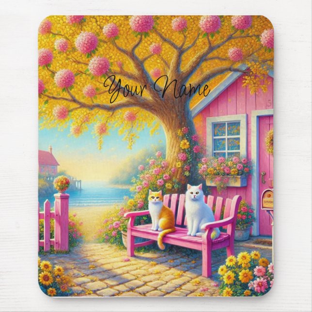 Niedliche Katzen Baumgarten Blume Meer Mousepad (Vorne)
