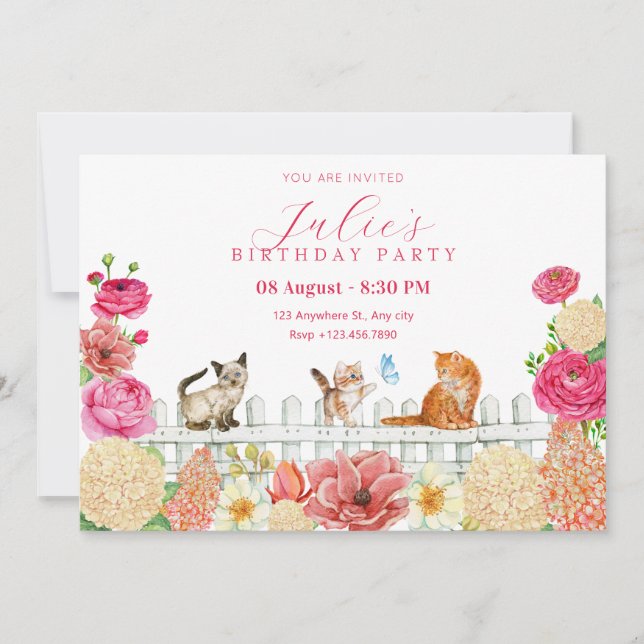 Niedliche Katzen Blume Geburtstag Einladung (Vorderseite)