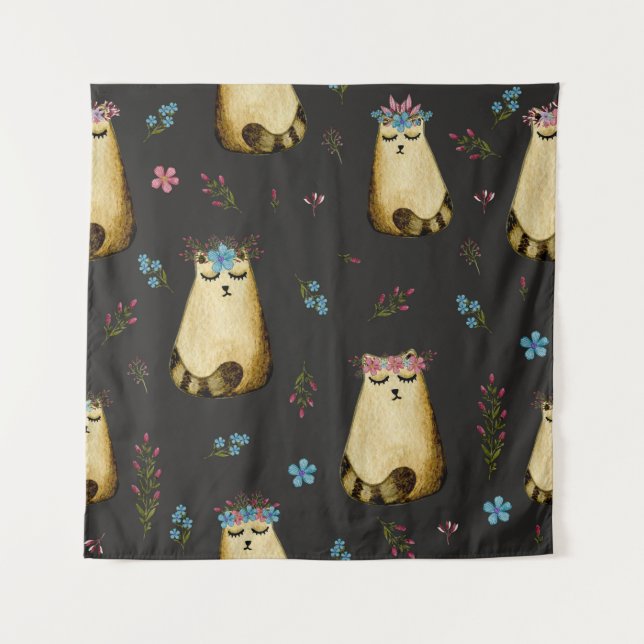 Niedliche Katzen Blume Wasserfarbmuster Wandteppich (Vorderseite)
