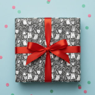 Niedliche Katzen Botanisches Blumenmuster Graues w Geschenkpapier Set