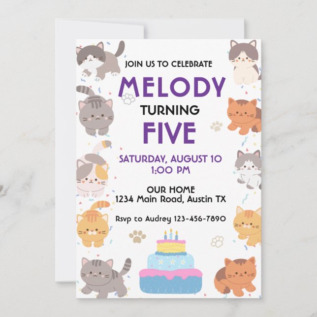 Niedliche Katzen Einladung zum Geburtstag (Vorderseite)