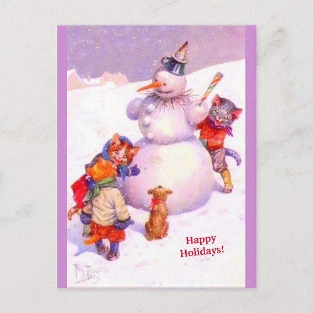 Niedliche Katzen & Fabulous Snowman Lila Vintage K Postkarte (Vorderseite)