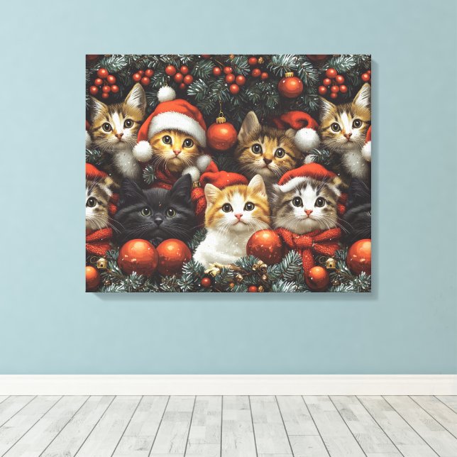 Niedliche Katzen feiern Urlaub mit Weihnachtsbaum Leinwanddruck (Insitu (Holzboden))