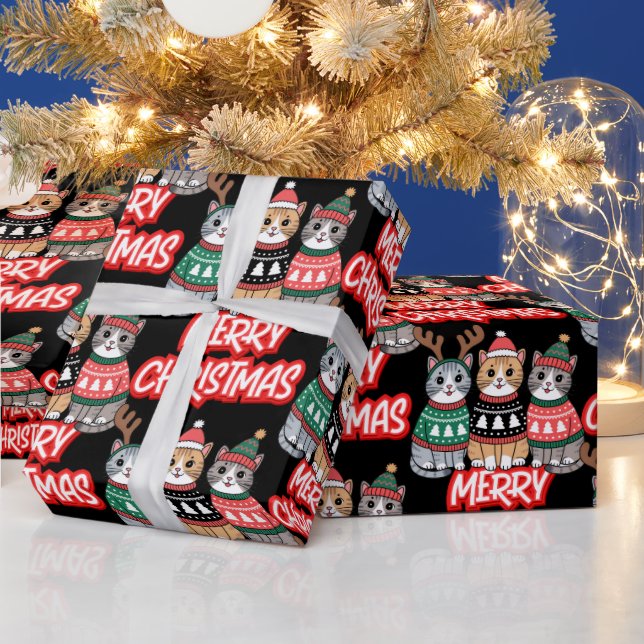 Niedliche Katzen Frohe Weihnachten Geschenkpapier (Feiertage)