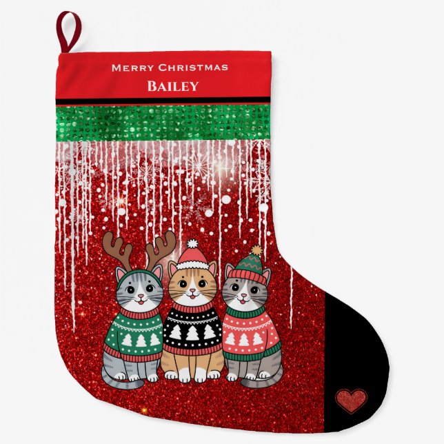 Niedliche Katzen Frohe Weihnachten Personalisierte Großer Weihnachtsstrumpf (Vorderseite)