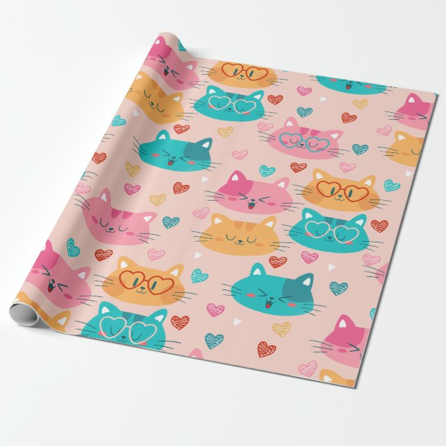 niedliche Katzen glänzen lustige Herzen Geschenkpapier (Ungerollt)